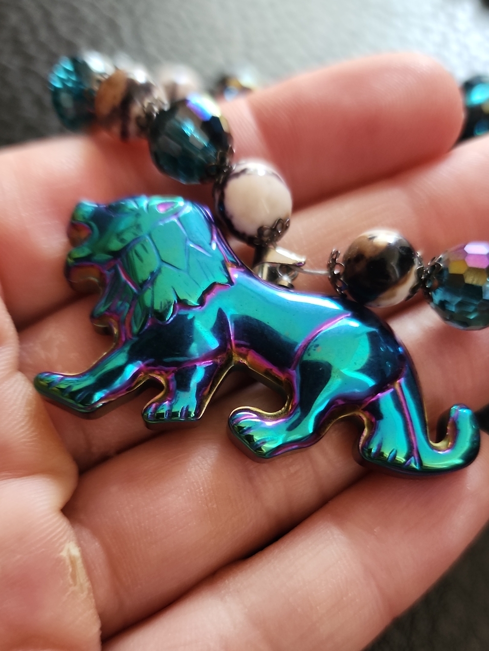 Iridescent Teal Glass Lion Beaded Necklace - Women Jewelry